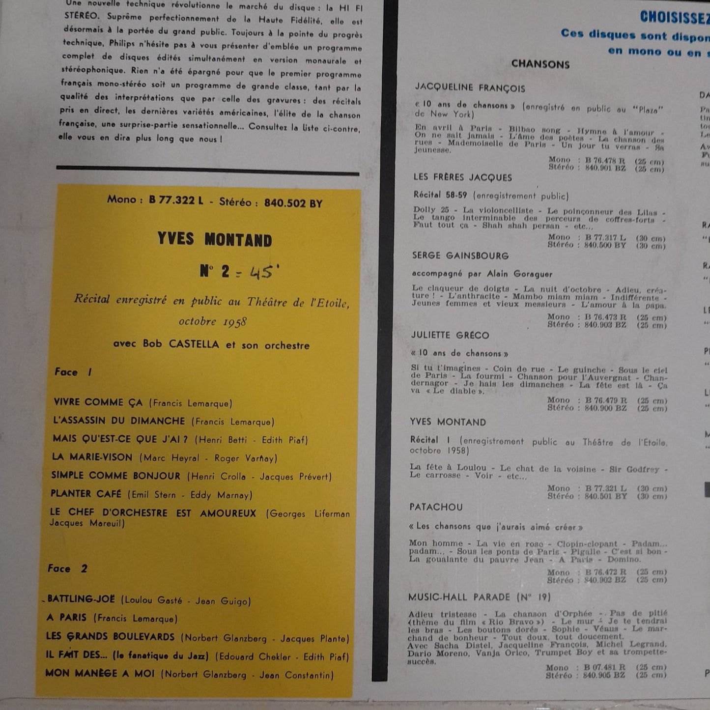 Vinyle Yves Montand Récital enregistré en public au Théâtre de l'Etoile, Octobre 1958- 3000 partitions, livres et vinyles d'occasion en vente sur notre site internet gastonmusicclub.fr Gaston Music Store