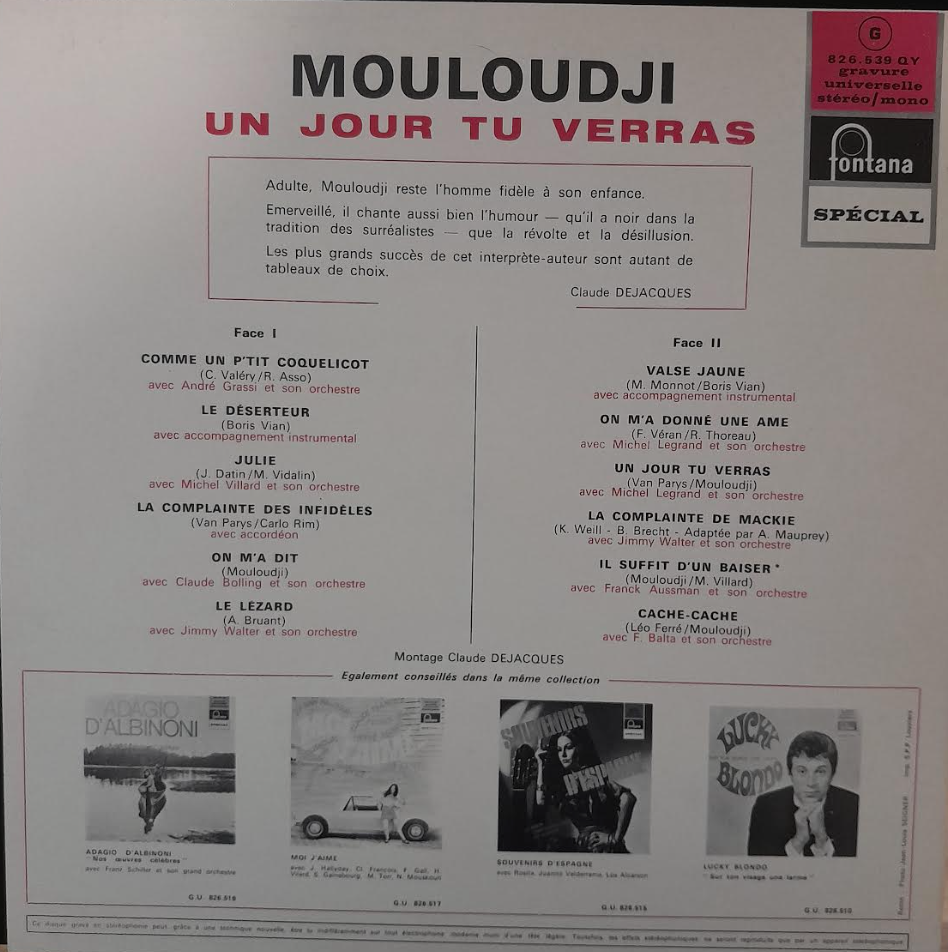 Vinyle Mouloudji Un jour tu verras-3000 partitions, livres et vinyles d'occasion en vente sur notre site internet gastonmusicclub.fr Gaston Music Store