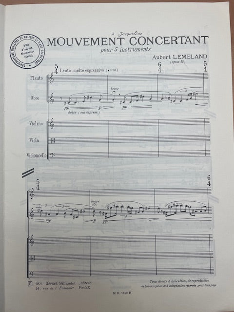 Aubert Lemeland Mouvement concertant pour cinq instruments-3000 partitions, livres et vinyles d'occasion en vente sur notre site internet gastonmusicclub.fr Gaston Music Store