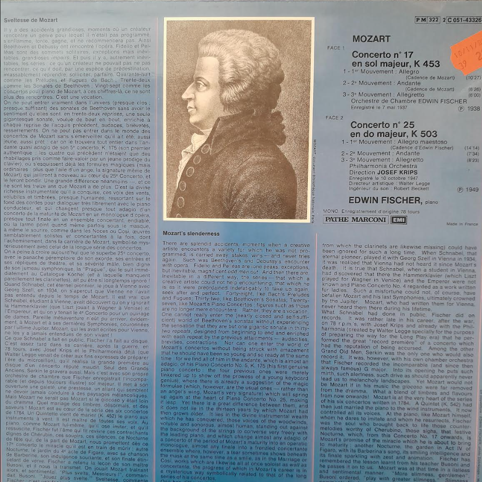 Vinyle Mozart Edwin Fischer Concerto n°17 K453 - Concerto n°25 K503 pour piano-3000 partitions, livres et vinyles d'occasion en vente sur notre site internet gastonmusicclub.fr Gaston Music Store