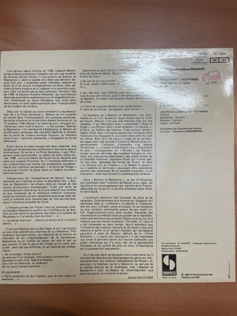 Vinyle Mozart Bastien et Bastienne, opérette en 1 acte, K50- 3000 partitions, livres et vinyles d'occasion en vente sur notre site internet gastonmusicclub.fr Gaston Music Store