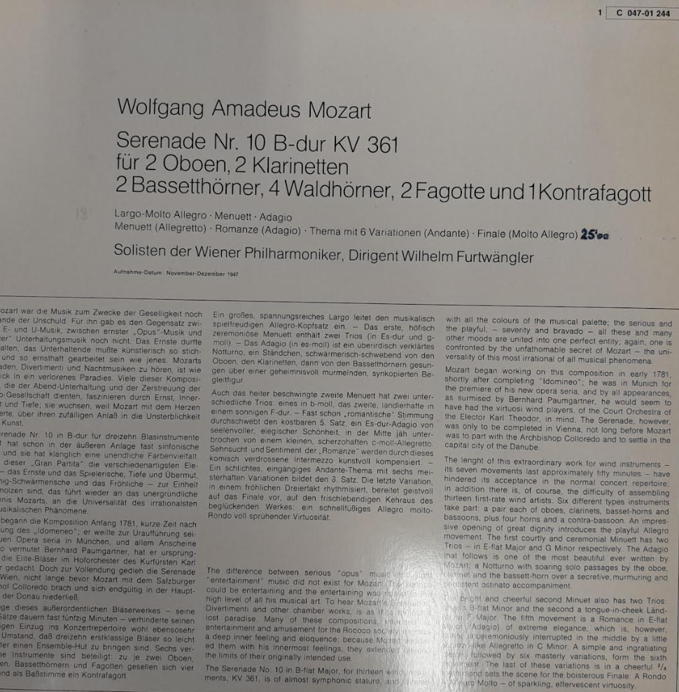 Vinyle Mozart Furtwängler Serenade für 13 Bläser KV 361 -3000 partitions, livres et vinyles d'occasion en vente sur notre site internet gastonmusicclub.fr Gaston Music Store