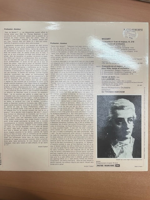 Vinyle Mozart Concerto n° 4 pour violon et orchestre et Concerto pour flûte et harpe