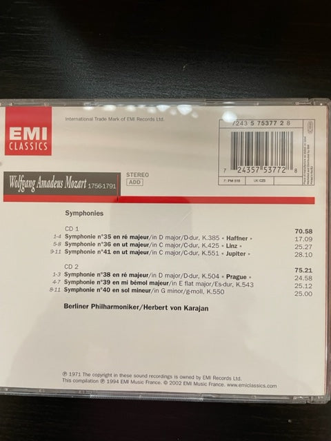 CD Mozart H. von Karajan Symphonies 35, 36, 41, 38, 39 et 40)- 3000 partitions, livres et vinyles d'occasion en vente sur notre site internet gastonmusicclub.fr Gaston Music Store