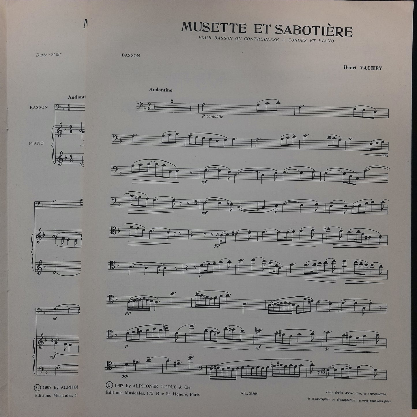 Henri Vachey Musette et sabotière partition pour Basson et piano-3000 partitions, livres et vinyles d'occasion en vente sur notre site internet gastonmusicclub.fr Gaston Music Store