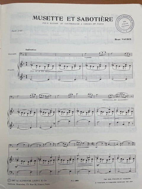 Henri Vachey Musette et sabotière pour Basson ou contrebasse et piano-3000 partitions, livres et vinyles d'occasion en vente sur notre site internet gastonmusicclub.fr Gaston Music Store
