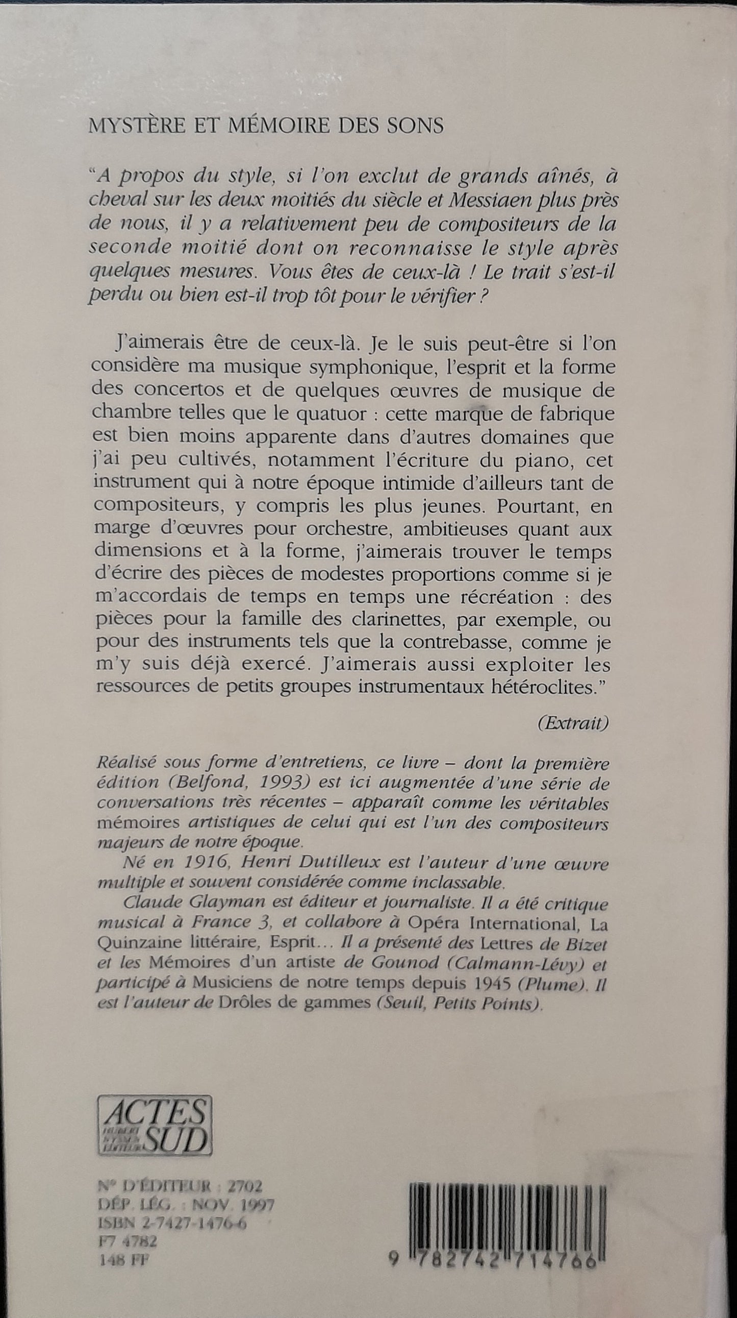 Mystère et mémoire des sons livre de Henri Dutilleux