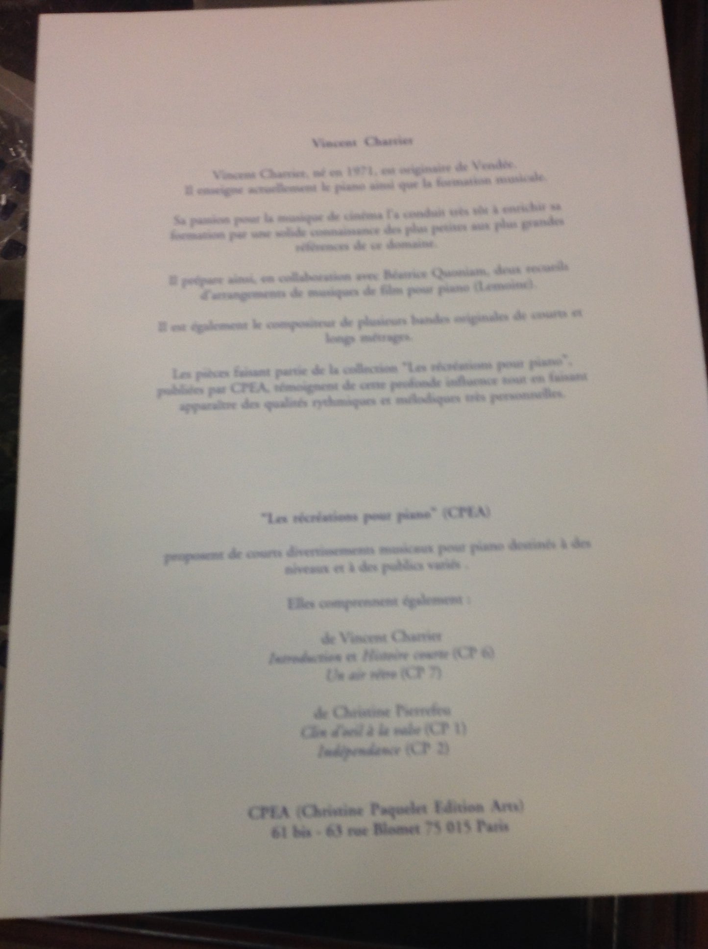 Songbook Vincent Charrier en noir et blanc