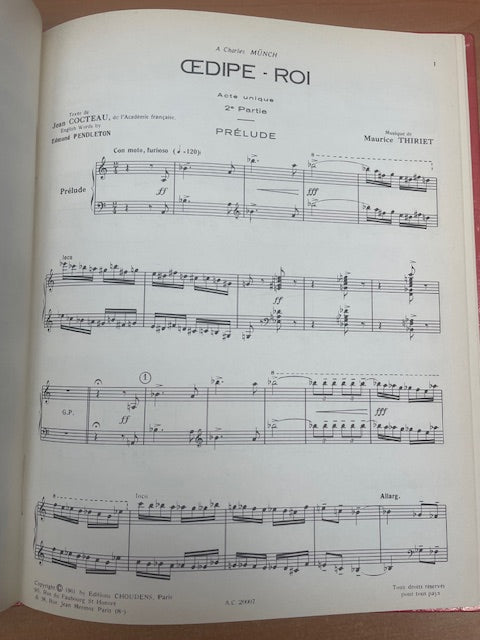 Maurice Thiriet Oedipe-roi réduction piano chant -3000 partitions, livres et vinyles d'occasion en vente sur notre site internet gastonmusicclub.fr Gaston Music Store