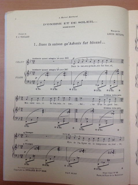 Louis Beydts : D'Ombre et de soleil partition pour voix moyenne et piano