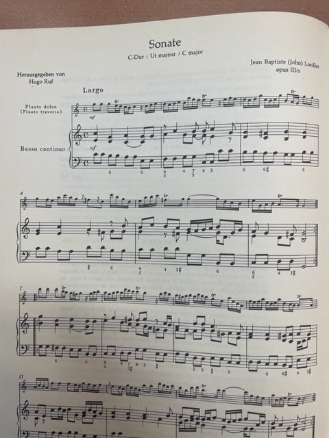 Loeillet Jean-Baptiste Sonate en Ut majeur pour flûte à bec alto et basse continue opus 3 n°1