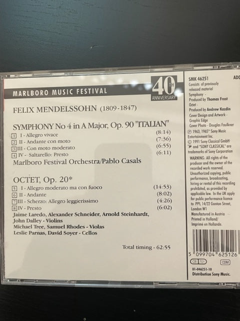 CD Felix Mendelssohn Pablo Casals Symphony n°4 - Octet for strings opus 20-3000 partitions, livres et vinyles d'occasion en vente sur notre site internet gastonmusicclub.fr Gaston Music Store