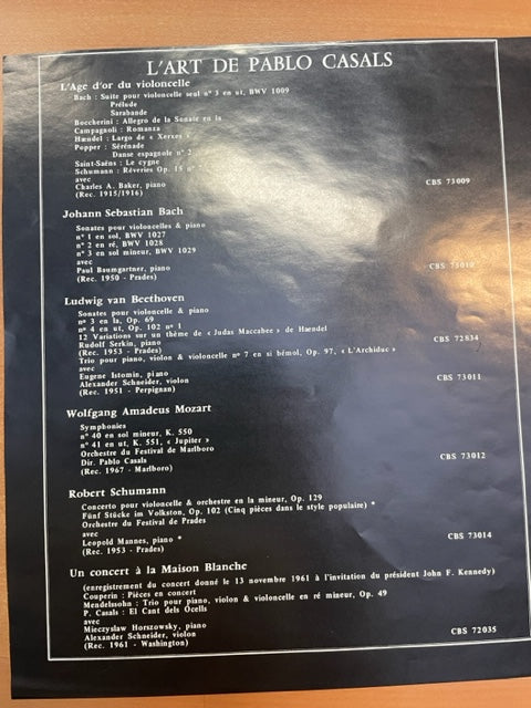 Vinyles L'art de Pablo Casals: Bach, Beethoven, Mozart, Schumann 7 disques + livret- 3000 partitions, livres et vinyles d'occasion en vente sur notre site internet gastonmusicclub.fr Gaston Music Store