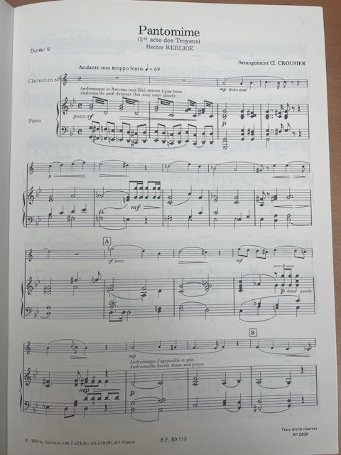 Hector Berlioz Pantomime 1er acte des Troyens pour clarinette et piano-3000 partitions, livres et vinyles d'occasion en vente sur notre site internet gastonmusicclub.fr Gaston Music Store