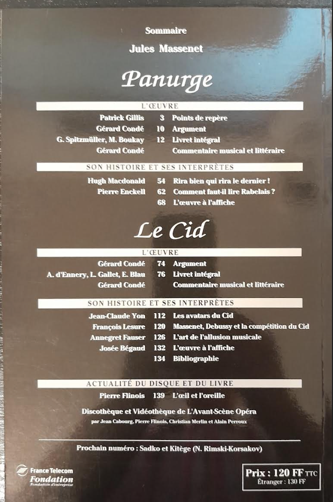 Massenet Panurge - Le Cid. Revue "Avant-scène" n°161-3000 partitions, livres et vinyles d'occasion en vente sur notre site internet gastonmusicclub.fr Gaston Music Store