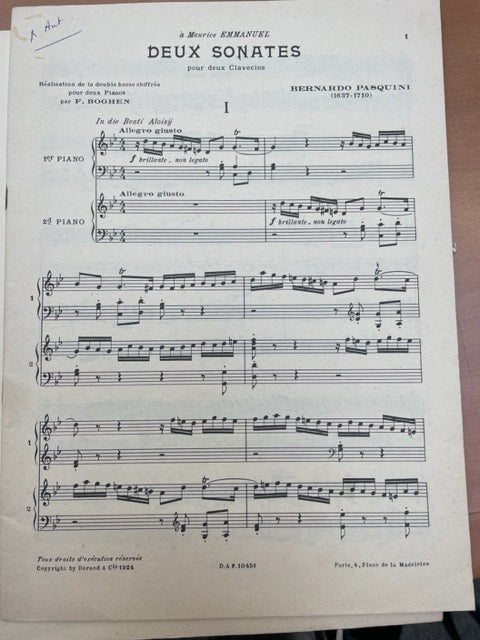 Bernardo Pasquini 2 sonates partition pour 2 clavecins- 3000 partitions, livres et vinyles d'occasion  en vente sur notre site internet gastonmusicclub.fr Gaston Music Store