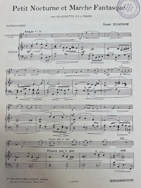René Mignion Petit nocturne et marche fantasque pour clarinette et piano-3000 partitions, livres et vinyles d'occasion en vente sur notre site internet gastonmusicclub.fr Gaston Music Store