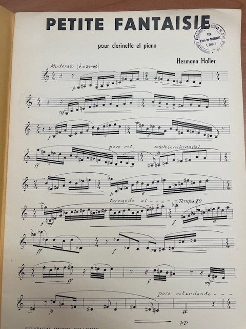 Hermann Haller Petite fantaisie pour clarinette et piano -3000 partitions, livres et vinyles d'occasion en vente sur notre site internet gastonmusicclub.fr Gaston Music Store