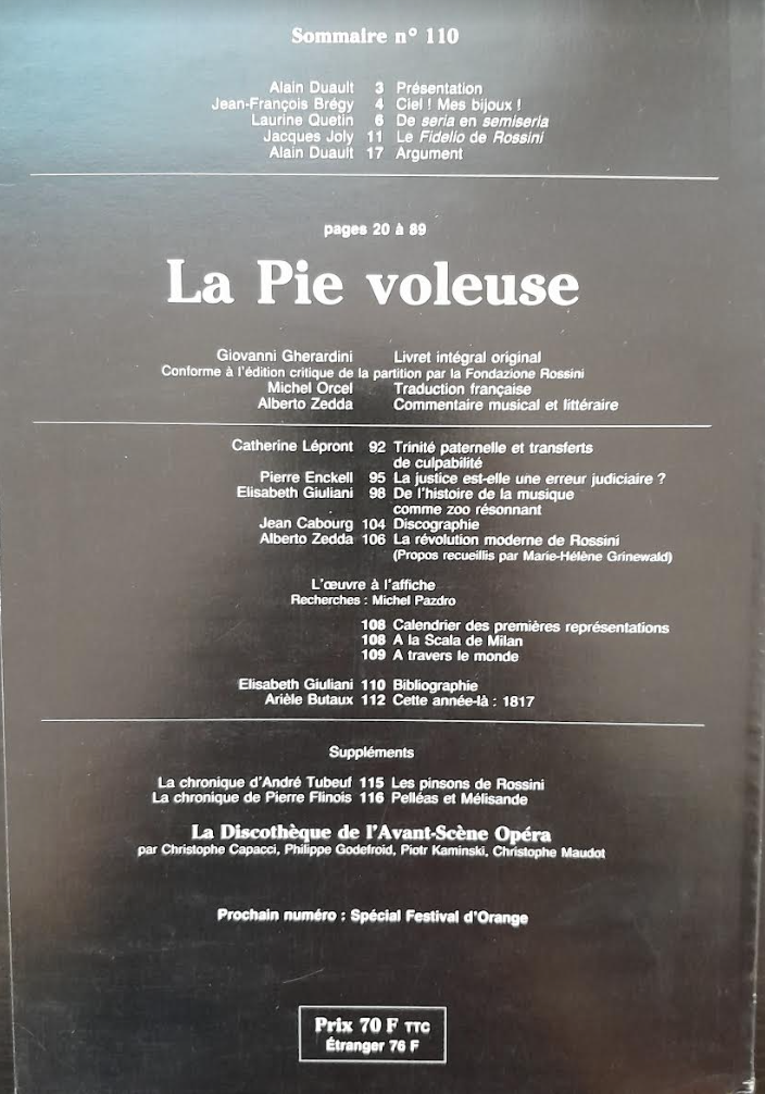 Rossini La pie voleuse Revue Avant-scène opéra n° 110-3000 partitions, livres et vinyles d'occasion en vente sur notre site internet gastonmusicclub.fr Gaston Music Store