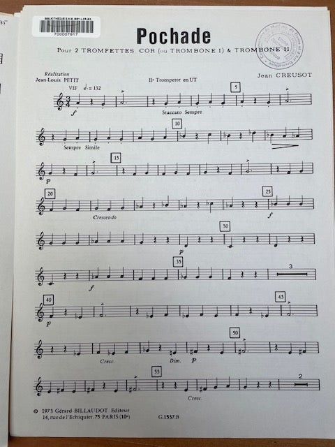 Jean Creusot Pochade 2 trompettes, trombone et cor-3000 partitions, livres et vinyles d'occasion en vente sur notre site internet gastonmusicclub.fr Gaston Music Store