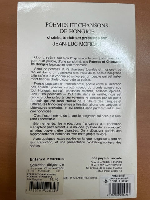 J-L Moreau Poèmes et chansons de Hongrie-3000 partitions, livres et vinyles d'occasion en vente sur notre site internet gastonmusicclub.fr Gaston Music Store