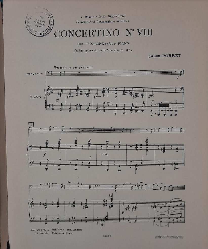 Julien Porret Concertino n° 8 pour trombone en ut et piano-3000 partitions, livres et vinyles d'occasion en vente sur notre site internet gastonmusicclub.fr Gaston Music Store