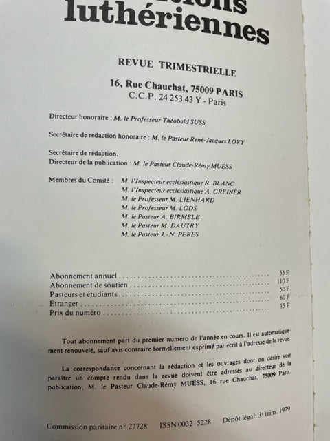 Revue Positions luthériennes 27e année - n°3- 3000 partitions, livres et vinyles d'occasion en vente sur notre site internet gastonmusicclub.fr Gaston Music Store