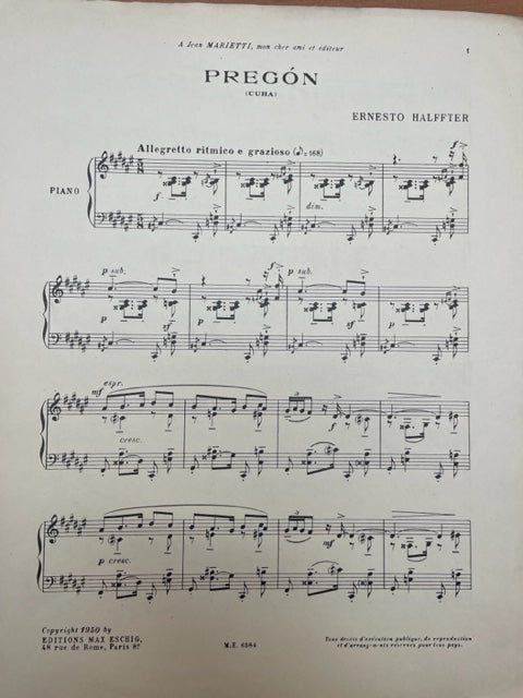 Ernesto Halffter Pregón (Cuba) partition piano- 3000 partitions, livres et vinyles d'occasion en vente sur notre site internet gastonmusicclub.fr Gaston Music Store