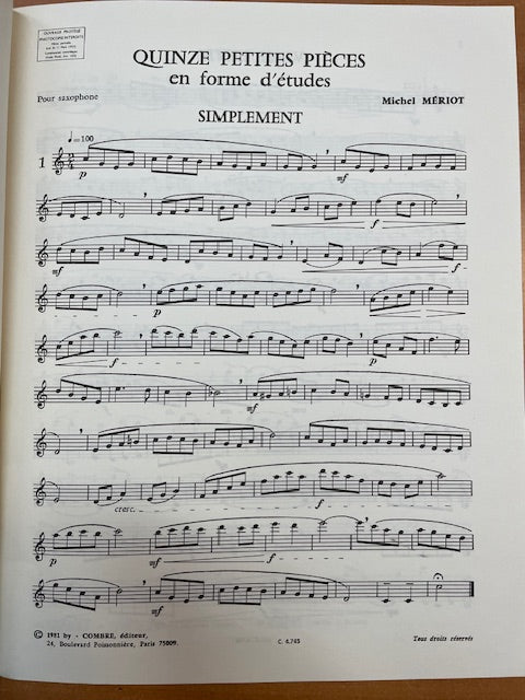 Michel Mériot 15 petites pièces en formes d'études pour saxophone ou hautbois-3000 partitions, livres et vinyles d'occasion en vente sur notre site internet gastonmusicclub.fr Gaston Music Store