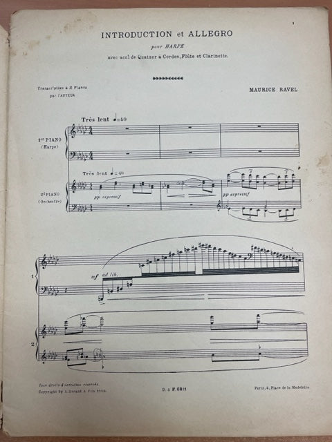 Maurice Ravel Introduction et allegro pour harpe avec quatuor à cordes, flûte et clarinette-3000 partitions, livres et vinyles d'occasion en vente sur notre site internet gastonmusicclub.fr Gaston Music Store