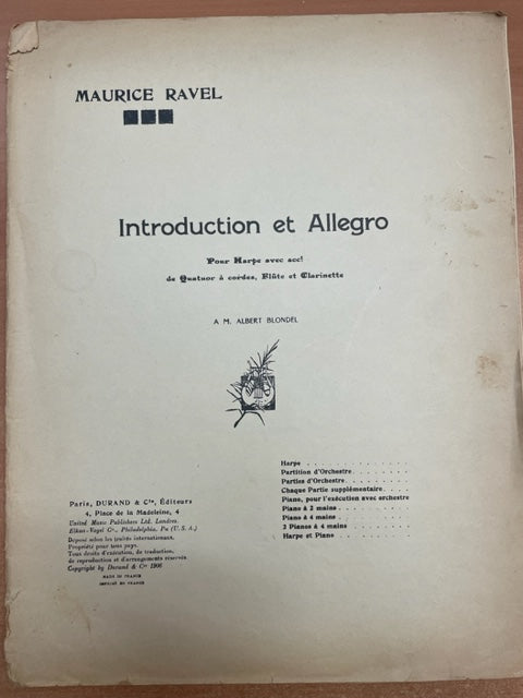 Maurice Ravel Introduction et allegro pour harpe avec quatuor à cordes, flûte et clarinette-3000 partitions, livres et vinyles d'occasion en vente sur notre site internet gastonmusicclub.fr Gaston Music Store