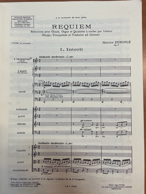 Maurice Duruflé Requiem - réduction pour chant, orgue et quintette à cordes- 3000 partitions, livres et vinyles d'occasion en vente sur notre site internet gastonmusicclub.fr Gaston Music Store