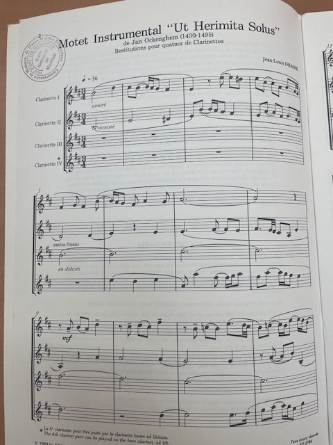 Jean Ockeghem Restitution et adaptation 2e recueil pour quatuor de clarinettes-3000 partitions, livres et vinyles d'occasion en vente sur notre site internet gastonmusicclub.fr Gaston Music Store