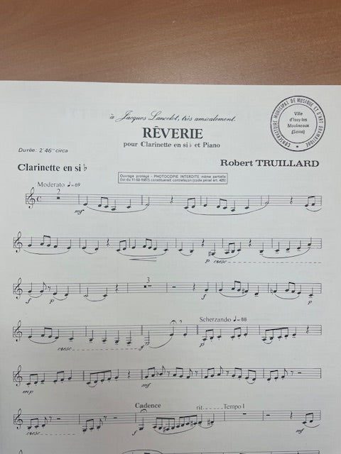 Robert Truillard Rêverie pour clarinette sib et piano-3000 partitions, livres et vinyles d'occasion en vente sur notre site internet gastonmusicclub.fr Gaston Music Store