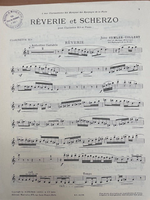 Jules Semler-Collery Rêverie et Scherzo pour clarinette sib et piano-3000 partitions, livres et vinyles d'occasion en vente sur notre site internet gastonmusicclub.fr Gaston Music Store
