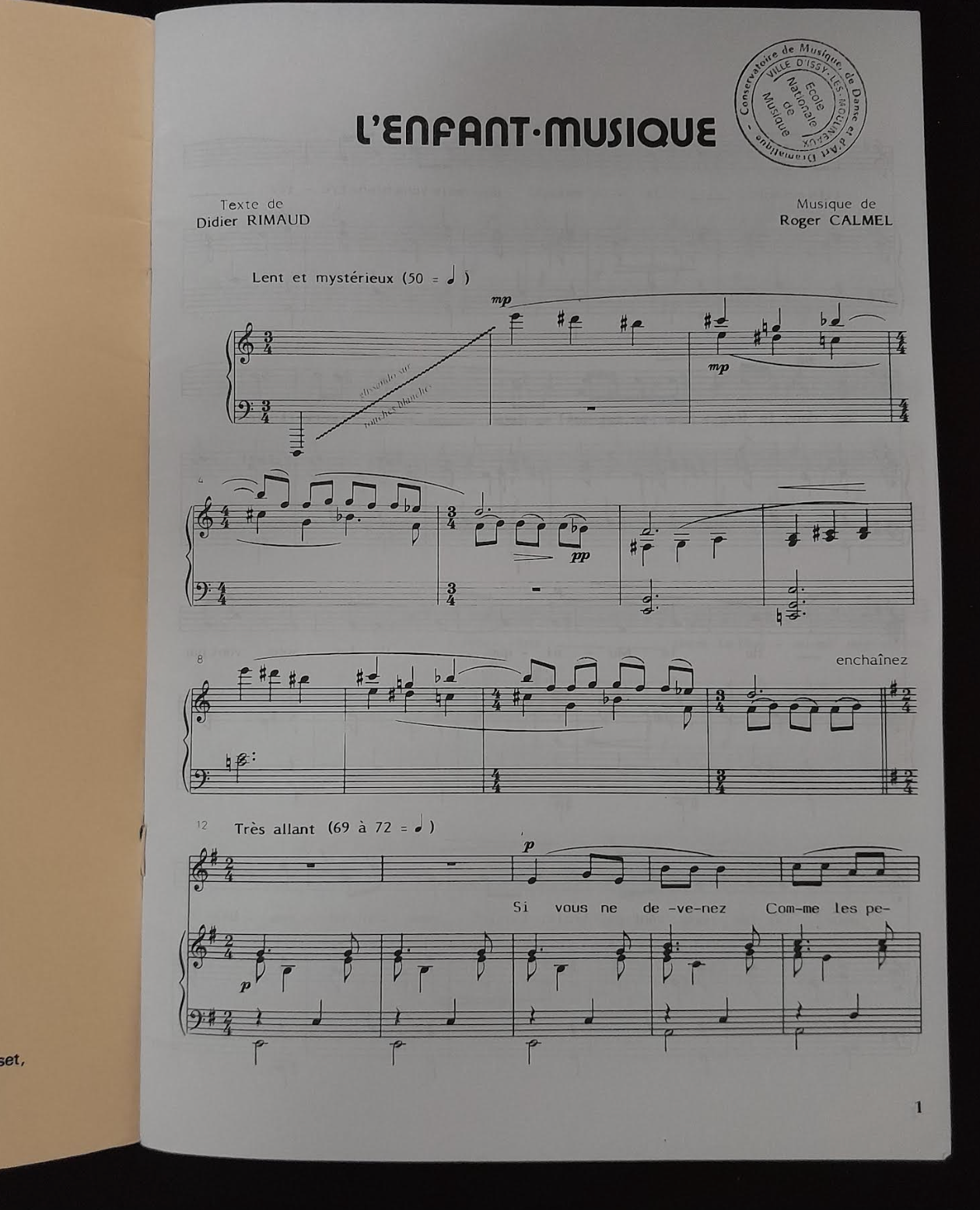 Roger Calmel L'enfant-musique, conte pour choeur d'enfants, récitant et petit ensemble instrumental