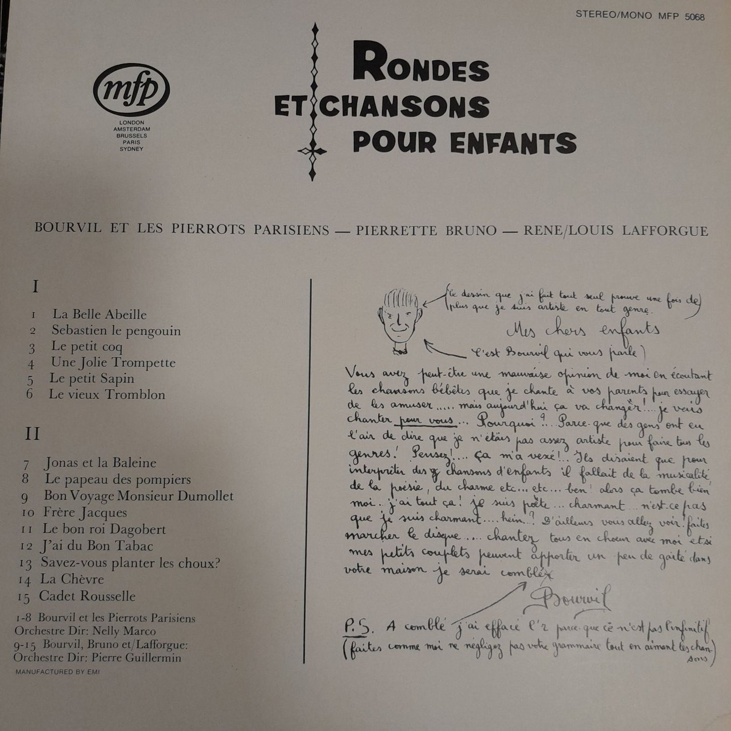 Vinyle Bourvil et les Pierrots parisiens Rondes et chansons pour enfants- 3000 partitions, livres et vinyles d'occasion en vente sur notre site internet gastonmusicclub.fr Gaston Music Store