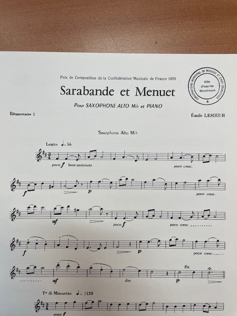 Emile Lesieur Sarabande et menuet pour saxophone alto et piano-3000 partitions, livres et vinyles d'occasion en vente sur notre site internet gastonmusicclub.fr Gaston Music Store
