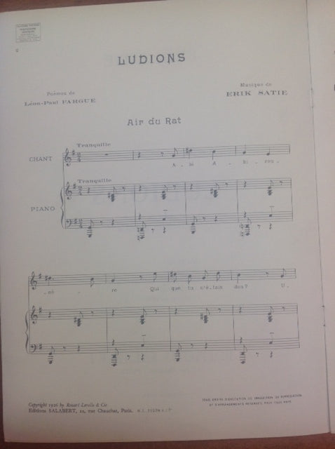 Erick Satie Ludions, 5 poèmes de Léon-Paul Fargue partition pour voix et piano