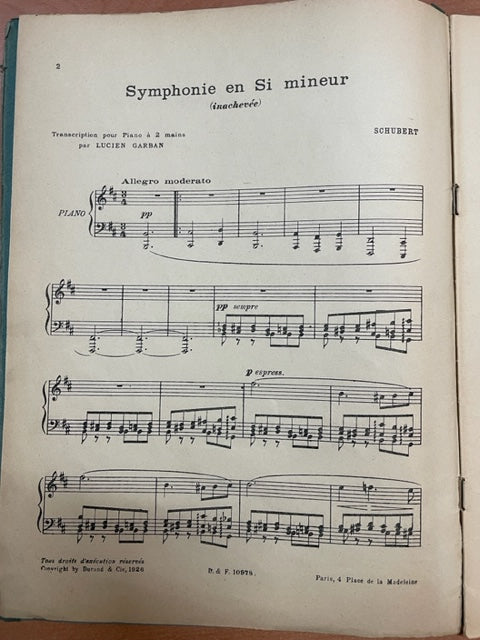 Franz Schubert Symphonie en si mineur inachevée transcription piano - 3000 partitions, livres et vinyles d'occasion en vente sur notre site internet gastonmusicclub.fr Gaston Music Store