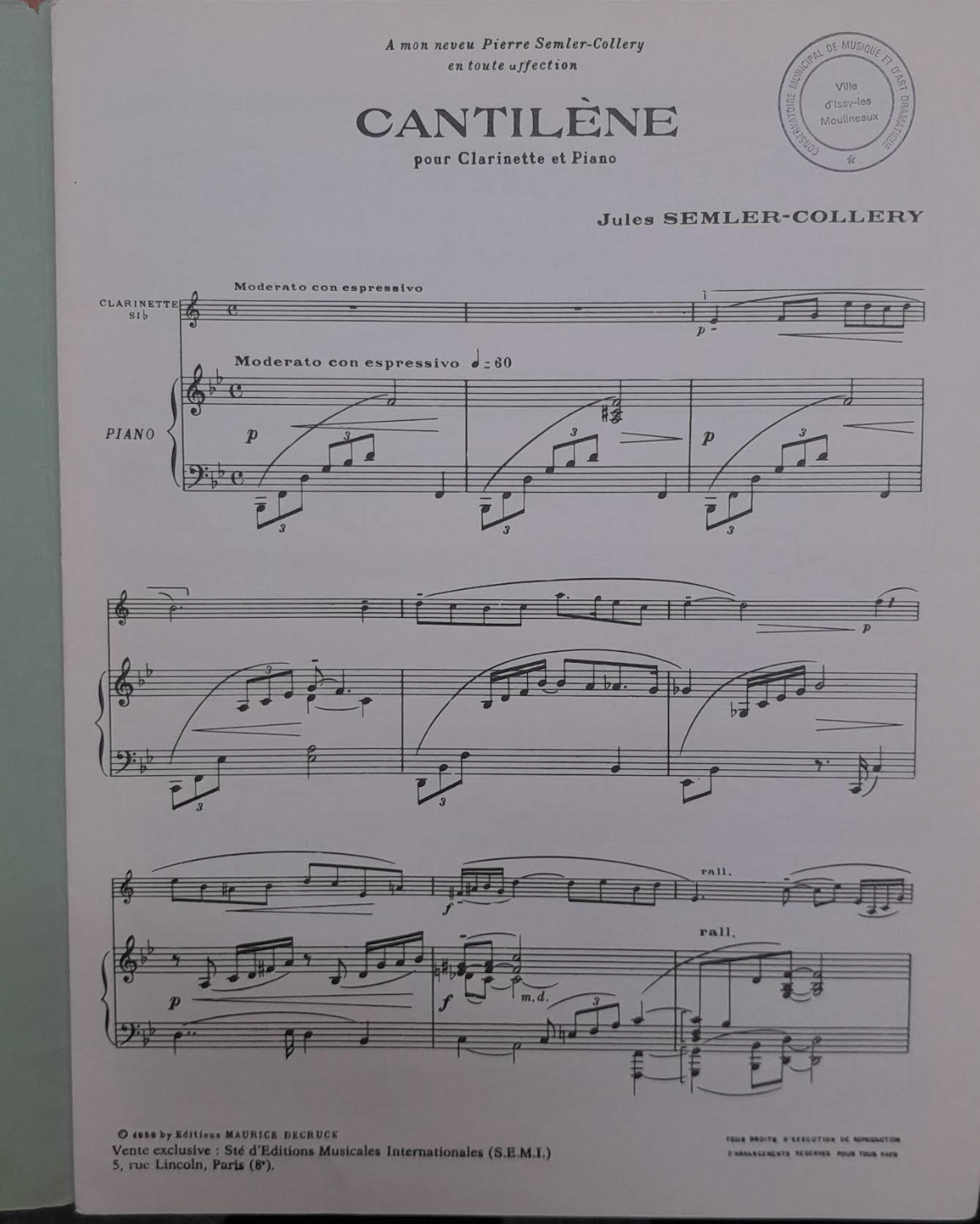 Collery Jules Semler Cantilène pour clarinette et piano-3000 partitions, livres et vinyles d'occasion en vente sur notre site internet gastonmusicclub.fr Gaston Music Store