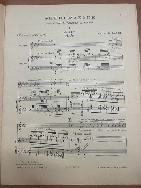 Maurice Ravel Shéhérazade - 3 Poèmes de Tristan Klingsor pour voix moyenne et piano