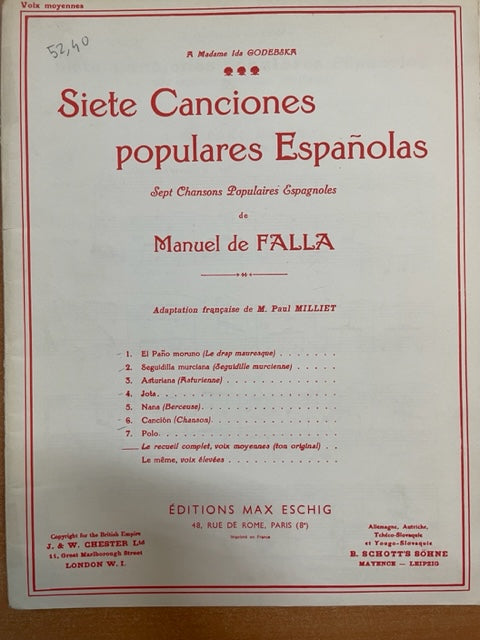 Manuel De Falla 7 chansons populaires espagnoles pour voix moyennes et piano