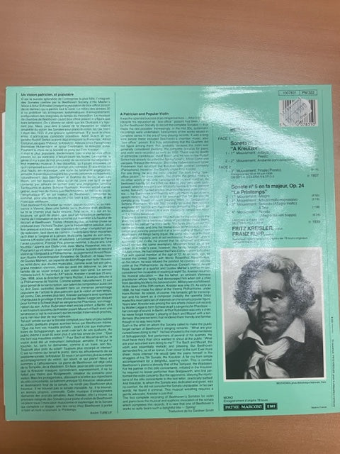 Vinyle Beethoven Fritz Kreisler au violon Sonates opus 47 et opus 24
