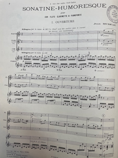 Jean Hubeau Sonatine humoresque Cor, flûte, clarinette et piano-3000 partitions, livres et vinyles d'occasion en vente sur notre site internet gastonmusicclub.fr Gaston Music Store