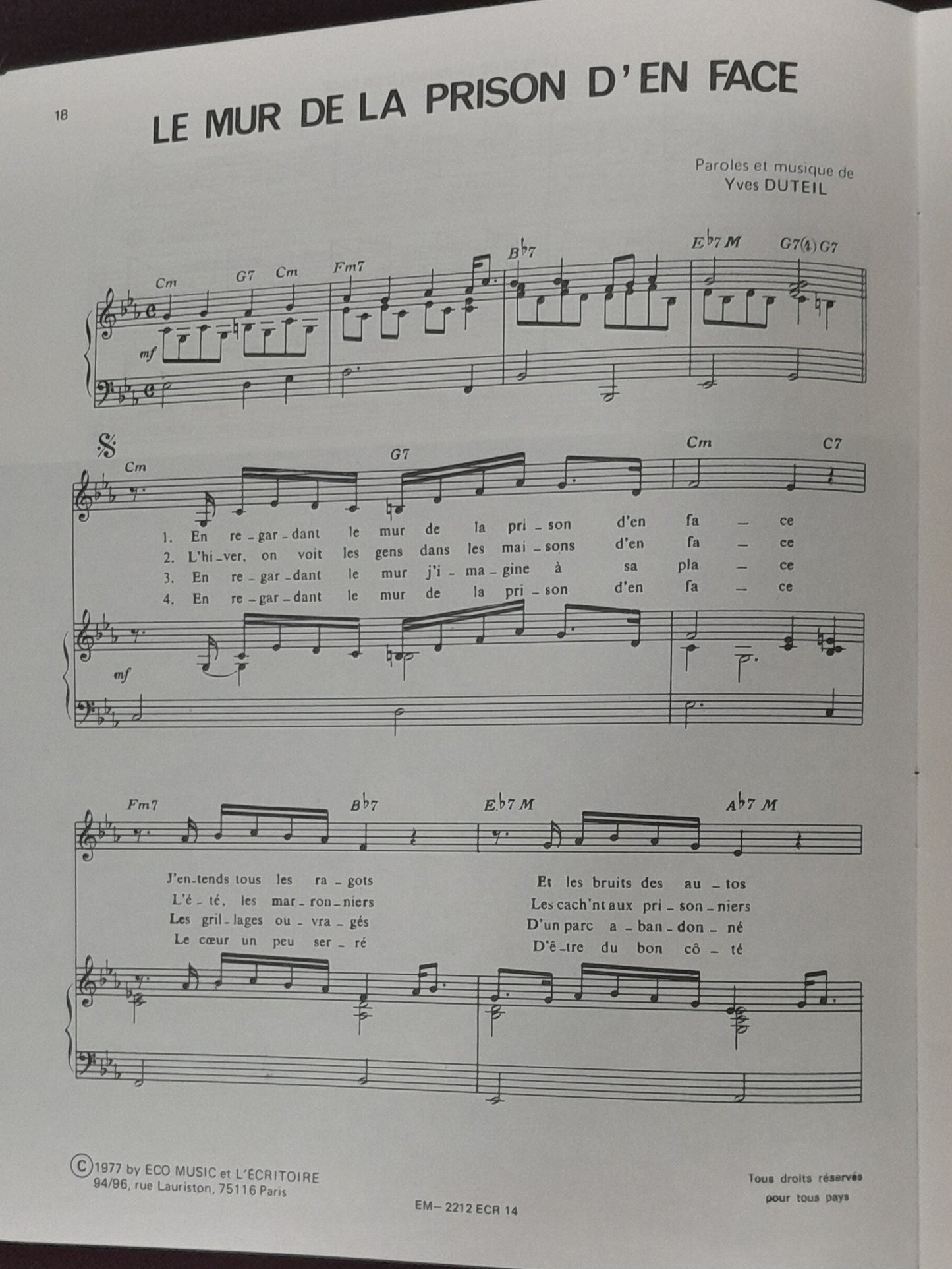 Songbook Yves Duteil volume 2 pour piano voix et guitare