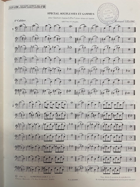 Fernand Lelong Spécial souplesses et gammes pour saxhorn basse si b ou tubas ténor ou basse 2er cahier