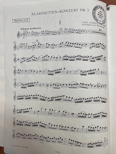 Stamitz Concerto n°3 en si bémol majeur pour clarinette et piano-3000 partitions, livres et vinyles d'occasion en vente sur notre site internet gastonmusicclub.fr Gaston Music Store