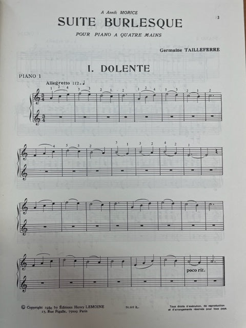 Germaine Tailleferre Suite burlesque - 6 petites pièces faciles pour 4 mains 3000 partitions, livres et vinyles d'occasion en vente sur notre site internet gastonmusicclub.fr Gaston Music Store