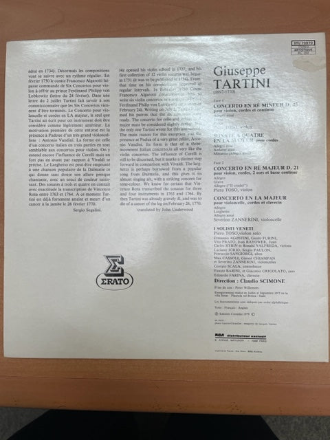 Vinyle Giuseppe Tartini Concertos pour violon D45 & 21 - Concerto en la majeur - Sonate à quatre pour cordes
